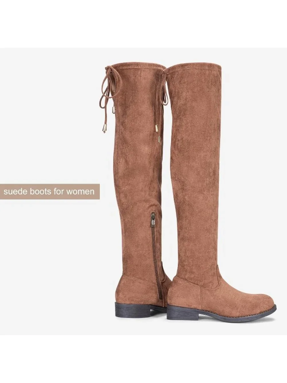 Women's Mocha Synthetic Suede Side Zipper Flat Heel Stretch Over The Knee Boots